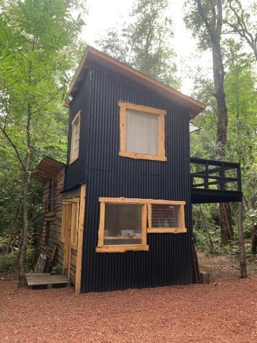 una pequeña casa negra en medio de un bosque en Cabaña bosque, en Recinto