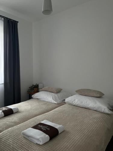 プワヴィにあるWłostowicka Ostoja Apartamentのベッドルーム1室(隣り合わせのベッド2台付)