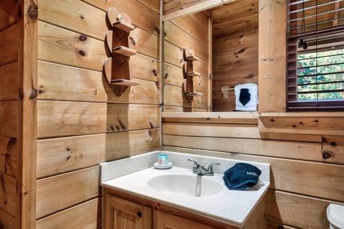 a bathroom with a sink and wooden walls at Dreamside Peak in Pigeon Forge