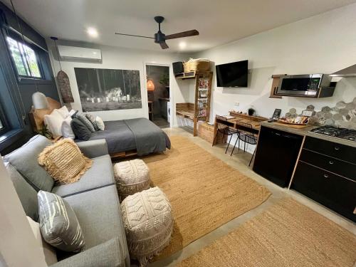 a living room with a couch and a kitchen at Sunnyside Studio - Pet Friendly Luxury Escape in Port Macquarie
