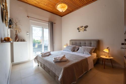 a bedroom with a bed and a large window at Elviras houses II in Agria