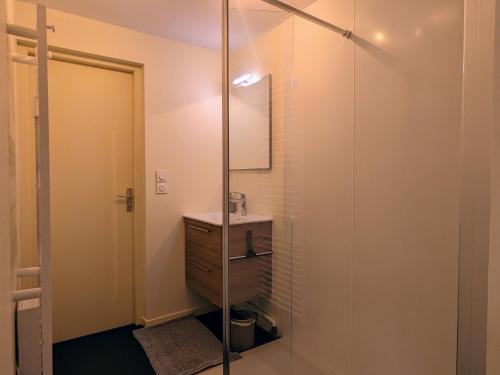 a bathroom with a shower with a sink and a mirror at Gîte Le Mas-de-Tence, 4 pièces, 6 personnes - FR-1-582-470 in Le Mas-de-Tence
