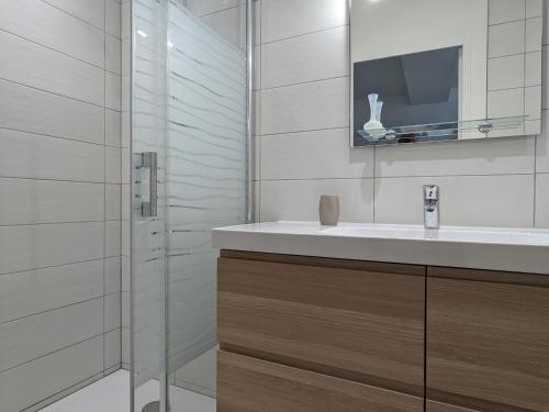 W łazience znajduje się umywalka i przeszklony prysznic. w obiekcie Gîte Sigloy, 3 pièces, 4 personnes - FR-1-590-414 w mieście Sigloy