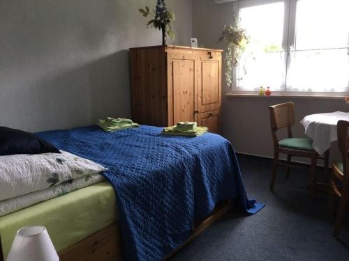 Un dormitorio con una cama con una manta azul. en Nice apartment in Jork, en Jork