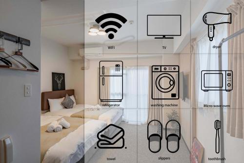 eine Darstellung eines Raumes mit verschiedenen Möbeltypen in der Unterkunft b&通天閣店 in Osaka