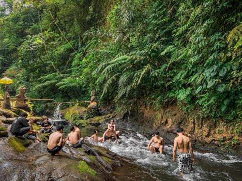 a group of men in the water in a river at Country side room northern UBUD in Tegalalang