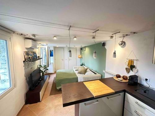 Zimmer mit Küche und Wohnzimmer in der Unterkunft Dreamy LOFT con vista sul golfo giardino e Jacuzzi in Santa Margherita Ligure