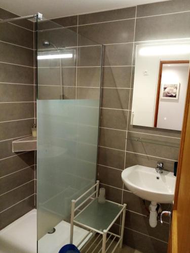 une salle de bain avec douche et lavabo dans l'établissement Gîte de la Noyelle à Sainghin en Mélantois, à Sainghin-en-Mélantois