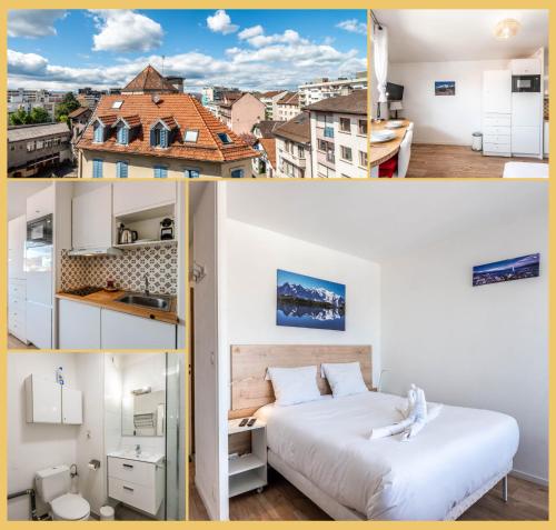 un collage de photos d'une chambre et d'un appartement dans l'établissement Appartement Central I Annemasse, à Annemasse