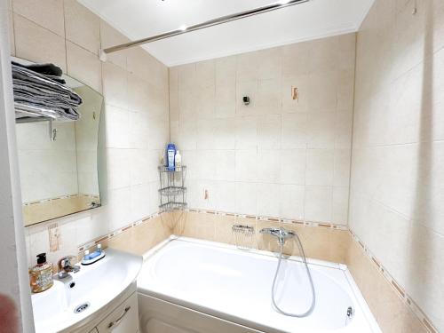 a bathroom with a shower and a sink and a tub at Central Apartment Pietonala in Chişinău