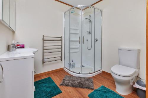 La salle de bains est pourvue d'une douche, de toilettes et d'un lavabo. dans l'établissement Seascape Sanctuary - Okiato Holiday Home, à Russell