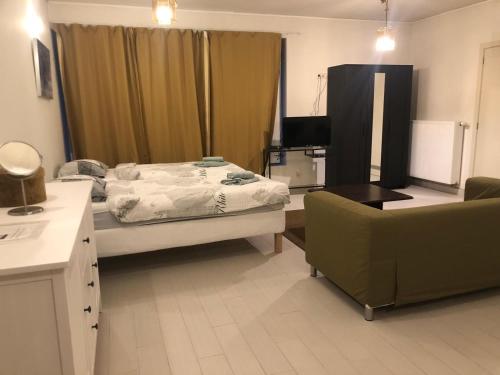 a room with a bed and a couch and a television at B&B Molen Ter Walle in Geraardsbergen
