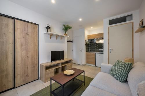a living room with a couch and a tv at Le petit bijou de Tournon : confort et moderne in Tournon-sur-Rhône