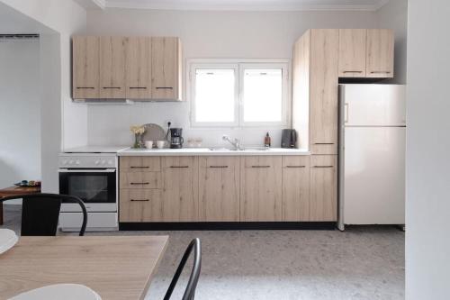 a kitchen with wooden cabinets and a white refrigerator at Lake House in Yiannoulaíika