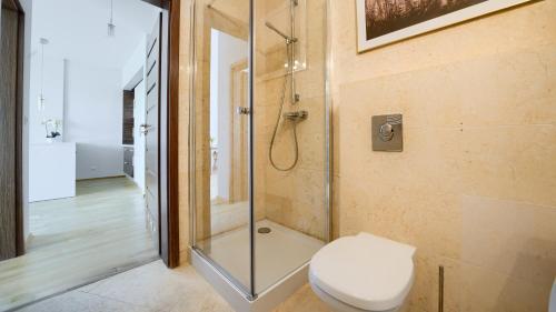 a bathroom with a toilet and a glass shower at Apartamenty Sun & Snow Bałtyk Park I in Kołobrzeg