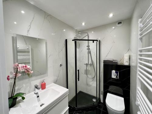 y baño con ducha y lavabo blanco. en Premium Apartment Oldtown Yacht Marina en Gdansk