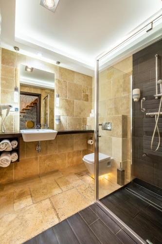 a bathroom with a shower and a sink and a toilet at Hotel Białowieski Conference, Wellness & SPA in Białowieża