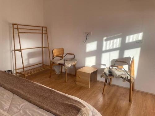a bedroom with a bed and a chair and a ladder at Rumi Cafe and Stay in Leh