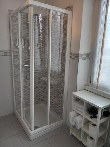 a shower with a glass door in a bathroom at Bed & Breakfast Al Nettuno in Trento