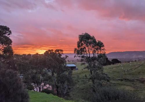 a sunset over a field with trees and a house at The Buddha Shed in Hindmarsh Valley