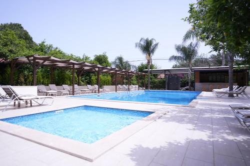 une piscine avec des chaises longues et une piscine dans l'établissement Cirali Hotel, à Çıralı