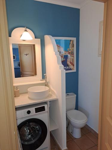 un bagno con lavandino, WC e specchio di La villa Charles Grimaud Les Restanques Golf de Saint Tropez a Grimaud