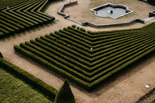 an overhead view of a maze of hedges with a clock at Château Neercanne - Oostwegel Collection, member of Relais and Châteaux in Maastricht