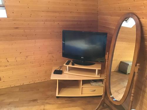 une télévision sur un support devant un miroir dans l'établissement Studio cœur de village, à Estaing
