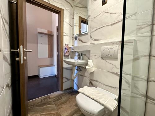 uma casa de banho com um WC e um lavatório em Agape Villa Apartments em Novi Sad