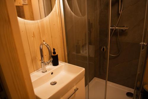 a bathroom with a sink and a shower at 4 Żywioły -całoroczne jurty w Sudetach in Stronie Śląskie
