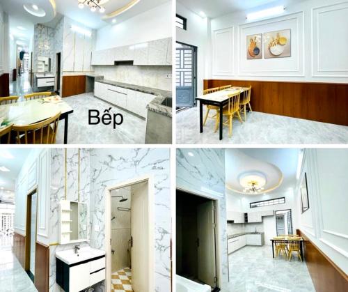 a collage of photos of a kitchen with white cabinets at TONY HOMESTAY CẦN THƠ in Can Tho