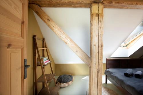 a bedroom with a ladder and a bunk bed at Gospodarstwo ekoturystyczne ARTYSTYKA in Bystrzyca Kłodzka