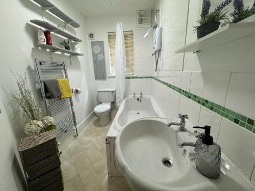 a bathroom with a sink and a tub and a toilet at Beautiful 3-Bed Apartment in Hythe High Street in Hythe