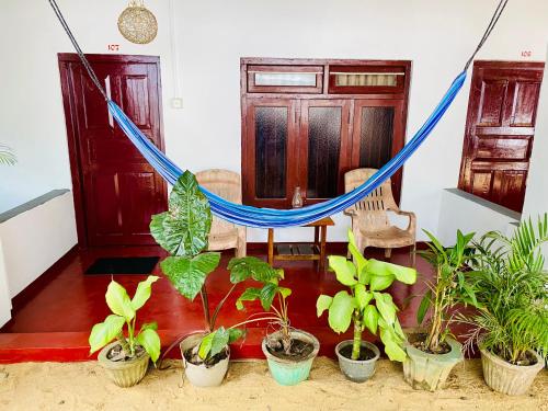 a hammock in a room with potted plants at Tropicana Home Stay in Arugam Bay