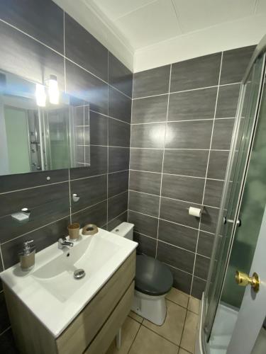 une salle de bain avec un lavabo, des toilettes et un miroir dans l'établissement Studio Cosy Centre Port residence calme avec wifi, au Cap d'Agde