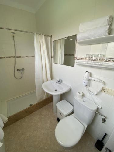 a bathroom with a toilet and a sink and a shower at Hostal Palmaria in Cala Santanyi