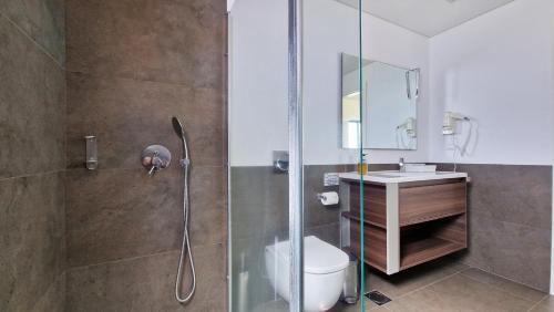 a bathroom with a shower with a toilet and a sink at Eden Sun - A Modern Luxury Villa with a Panoramic View in Prazeres