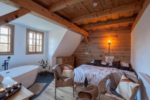 um quarto com uma cama e uma banheira num sótão em Samota u Hadince em Bartošovice v Orlických Horách