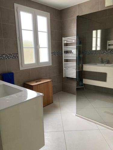 une salle de bain avec douche et lavabo dans l'établissement Maison de village, à Valle-di-Rostino