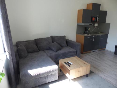 uma sala de estar com um sofá e uma mesa de centro em Ferienwohnung in Hof Saale em Hof