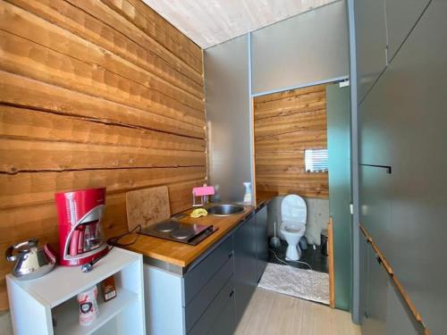 una pequeña cocina con lavabo y aseo en Ihastuttava vierasmaja omalla sisäänkäynnillä., en Sotkamo