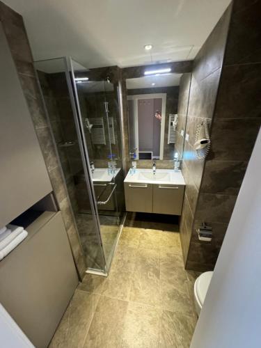 a bathroom with a sink and a shower and a toilet at Alliance Palace Batumi in Batumi