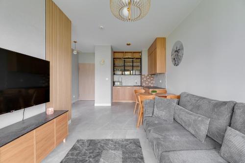 a living room with a couch and a television at GRANO FLATS - Sobieszewo - Baltic Porto in Gdańsk