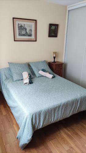 une chambre avec un lit avec une couette bleue dans l'établissement La Chênaie, à Montauban