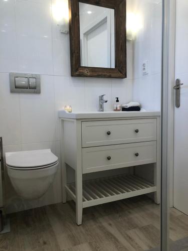 a bathroom with a sink and a toilet and a mirror at Casa the Dutchman in Navarrés