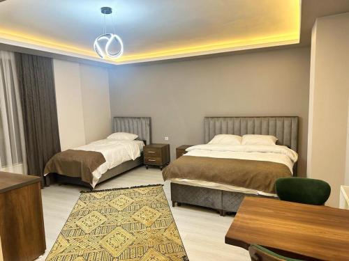 ErkizanにあるAhlat 1071 Otel&Restaurantのベッド2台とテーブルが備わるホテルルームです。