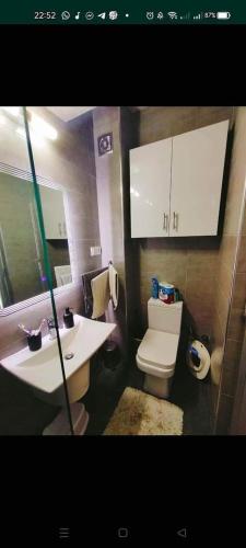 ein Badezimmer mit einem Waschbecken, einem WC und einem Spiegel in der Unterkunft إقامة دشيرا الجديدة جهادية in Dcheïra