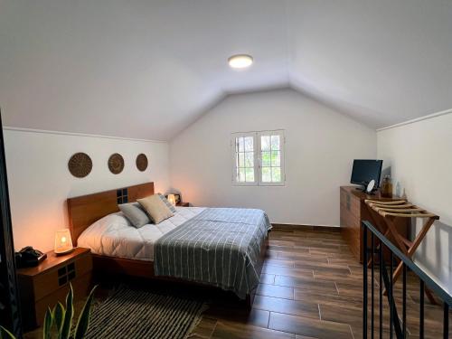 a bedroom with a bed and a television in it at Traditional House in Curral das Freiras