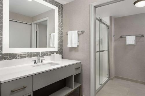 La salle de bains est pourvue d'un lavabo, d'un miroir et d'une douche. dans l'établissement Homewood Suites by Hilton Reading-Wyomissing, à Wyomissing