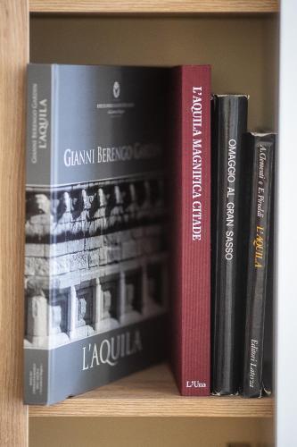 a group of books sitting on a shelf at Monte camicia - cozy home in city center-spacious-free parking in LʼAquila